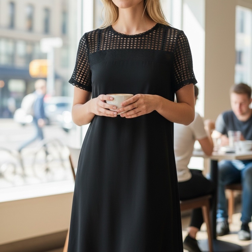 MICHAEL Michael Kors Black Midi Dress with Mesh Sleeves
